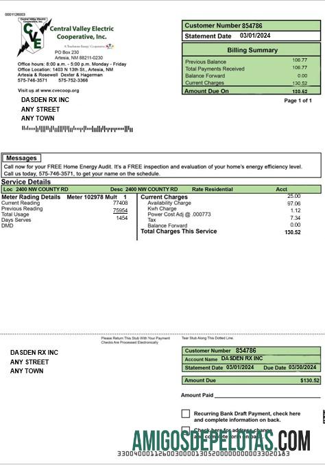 imprimível Modelo Word e PDF de projeto de lei de serviços públicos da CENTRAL VALLEY ELECTRIC dos EUA